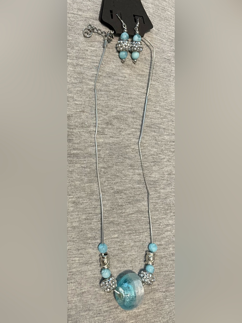 Silver Elastic Cord Necklace with Blue/Silver Rhinestone Beads-Matching Earrings